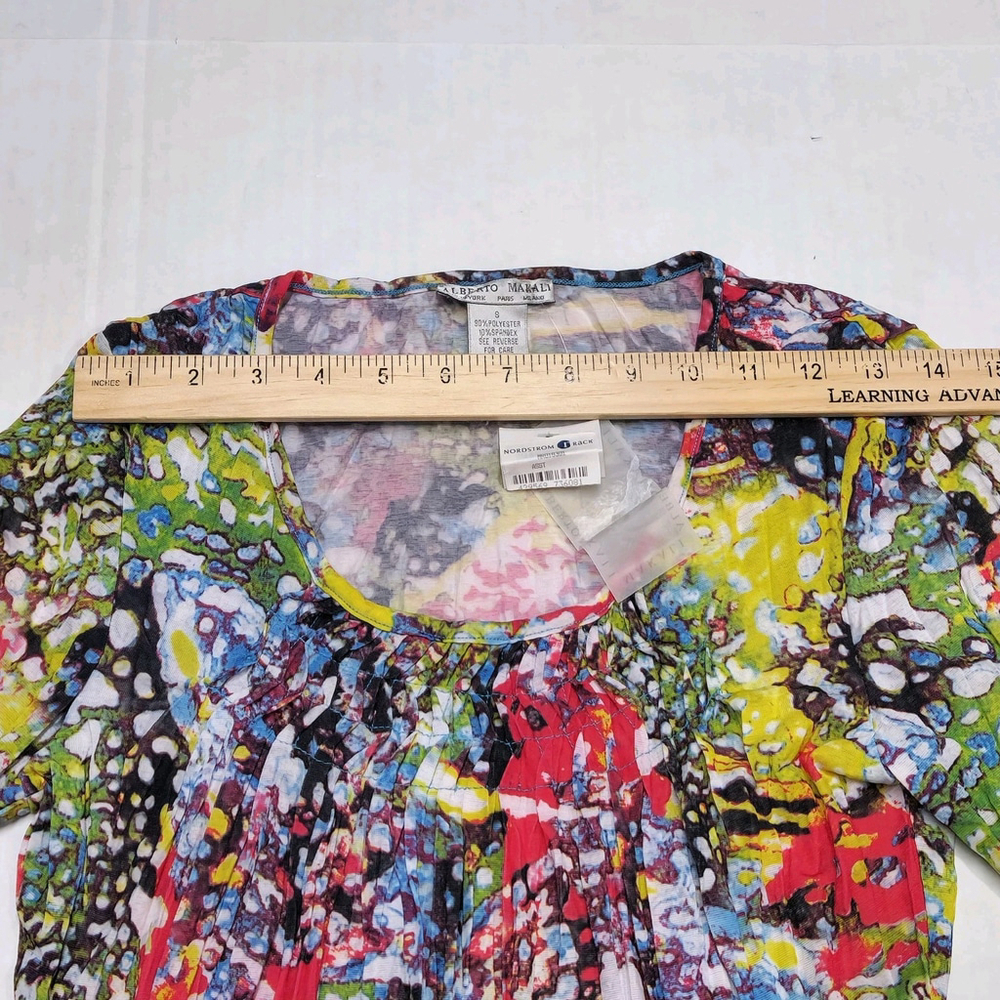 Chiffon Blouse 3/4 Sleeves Asymmetrical Hem Small Abstract Boho Colorful - Picture 5 of 9